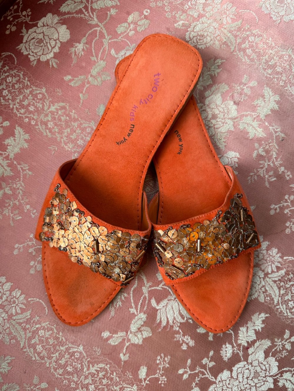 Bloomingdale’s Orange suede copper Sequin Slide sandals
